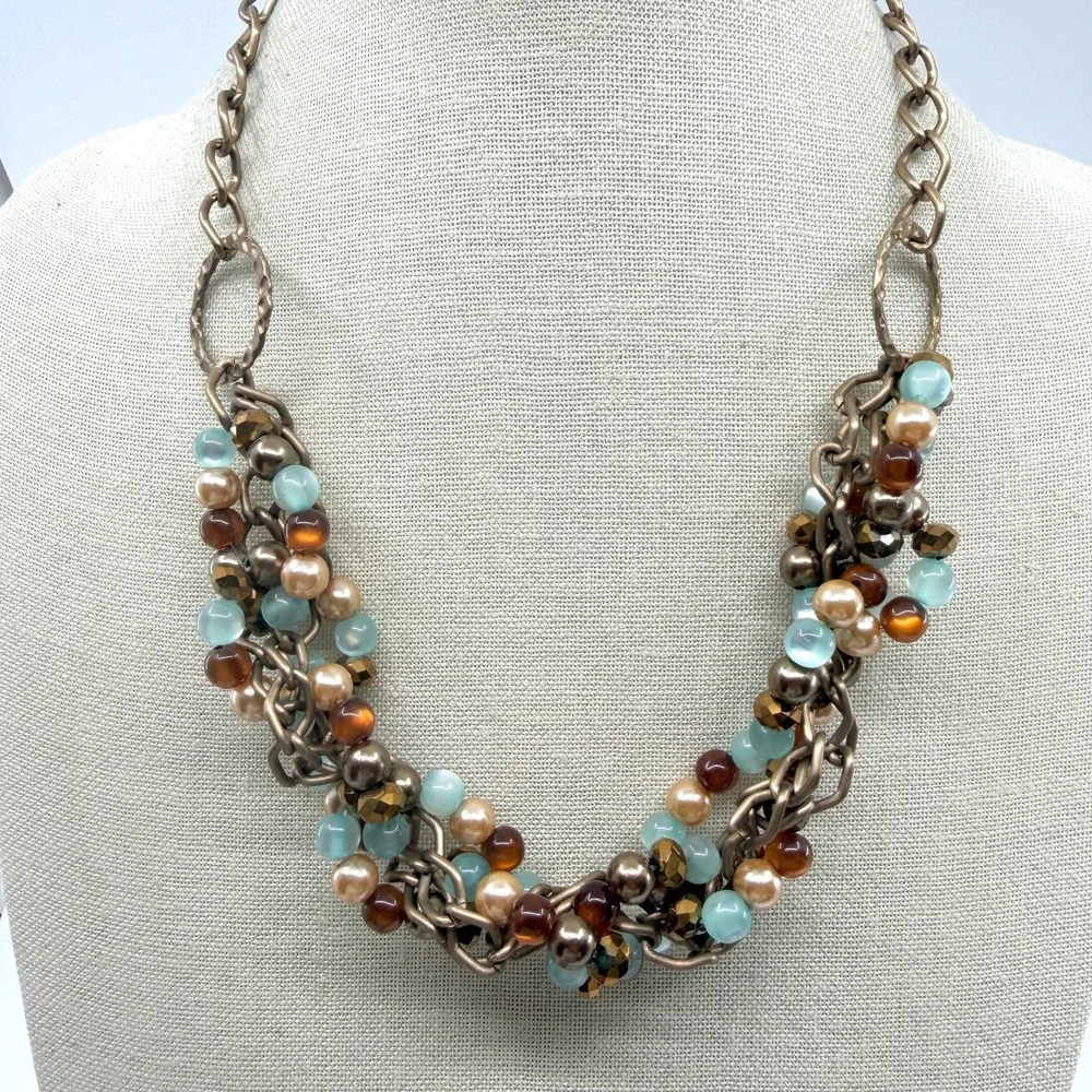 Antique Bronze Tone Aqua Brown Faux Pearl Bead Cluster Bib Statement Necklace